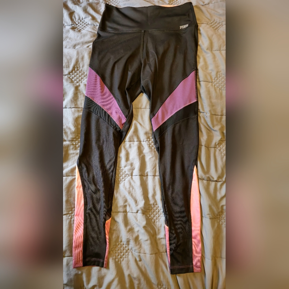 PINK Ultimate, Size M Black with Pink & Purple Accents Workout Leggings